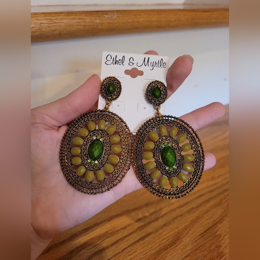 NEW large gold and green metal earrings